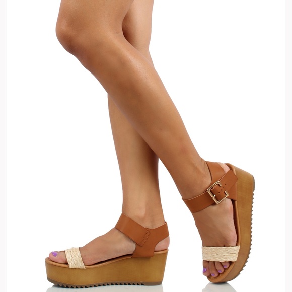 Shoes - Tan Open Toe Raffia Straw Ankle Strap Flatform Wed